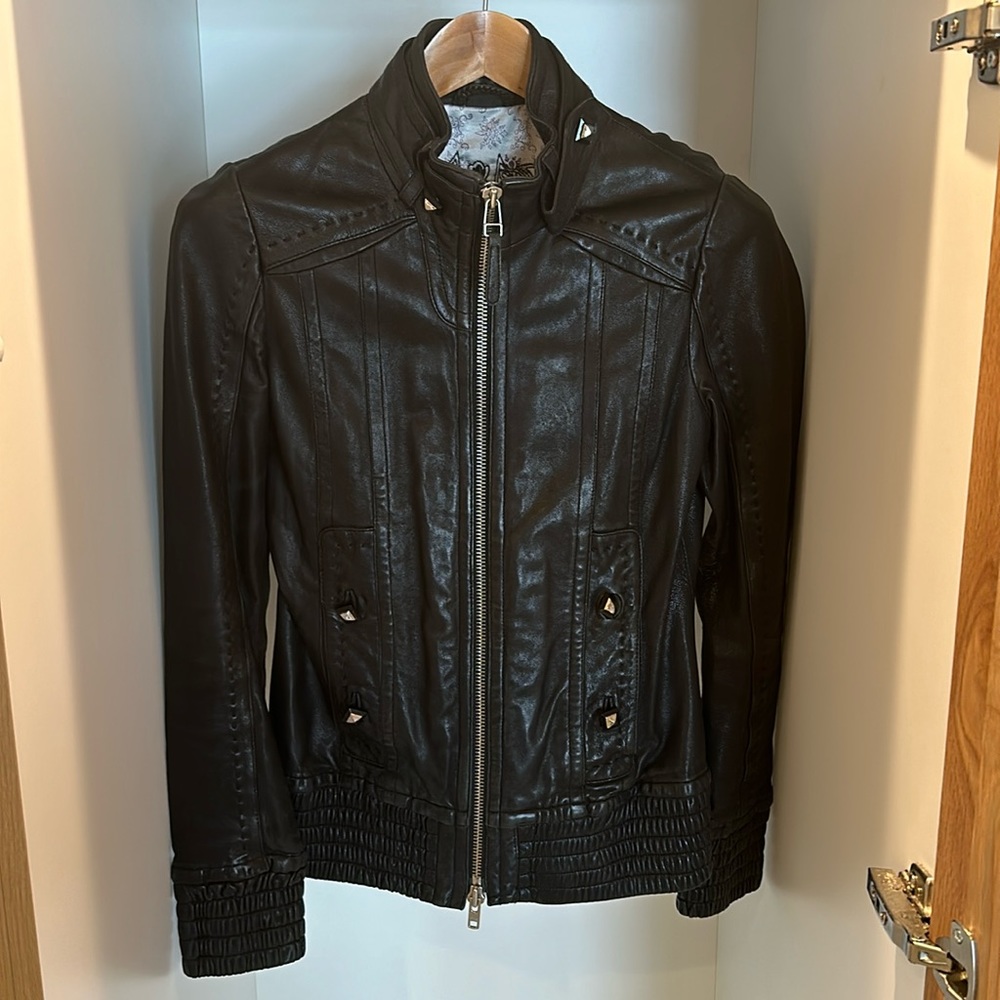 Mackage, black long sleeve leather jacket, small.